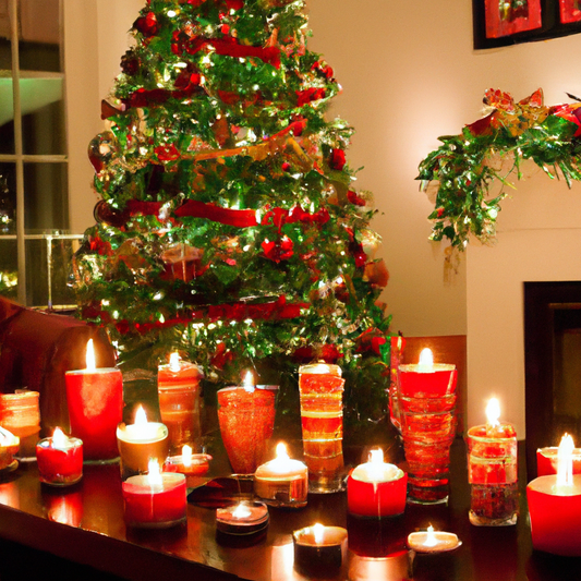 Create a festive image showcasing a variety of beautifully lit Christmas scented candles in a cozy New Zealand living room. The scene should include candles with labels like 'Pine Forest,' 'Gingerbrea