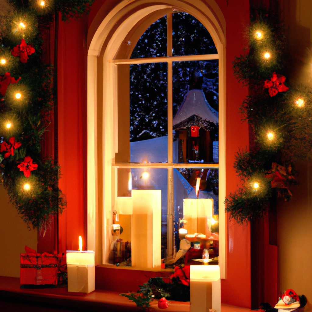 Create a cozy and festive scene featuring a warmly-lit window adorned with classic Christmas candles. Through the window, snow gently falls outside, creating a serene winter backdrop. Inside, the soft