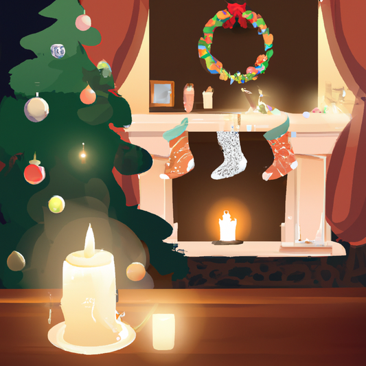 A cozy living room decorated for Christmas Eve, featuring a beautifully lit Yankee Candle on a rustic wooden coffee table. A Christmas tree adorned with twinkling lights and ornaments stands in the ba