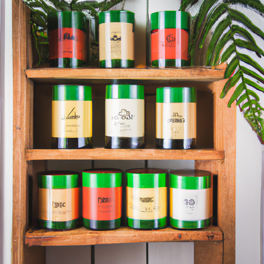 An elegantly arranged collection of the best scented candles in New Zealand displayed on a rustic wooden shelf. Each candle features beautifully designed labels indicating unique NZ-inspired scents li
