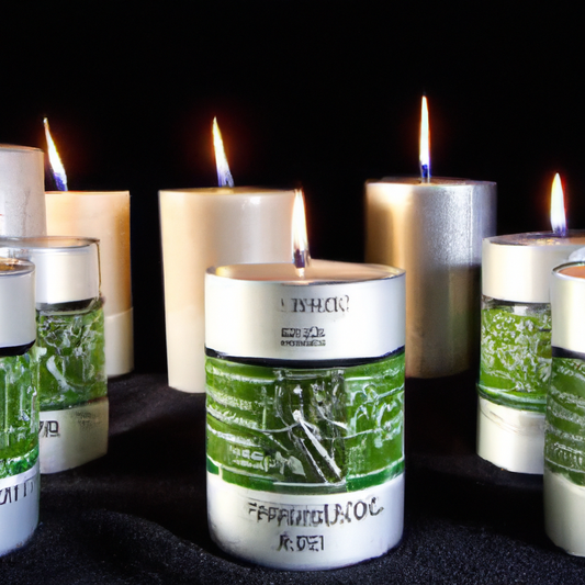 An elegantly arranged display of uniquely designed NZ made scented candles against a backdrop of lush New Zealand landscapes. The candles feature labels showcasing indigenous Maori art, evoking scenes