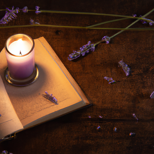 Create an image of a cozy, softly lit room with a lavender candle flickering on a rustic wooden table. The candle emits a gentle, calming glow, surrounded by sprigs of fresh lavender and an open book.