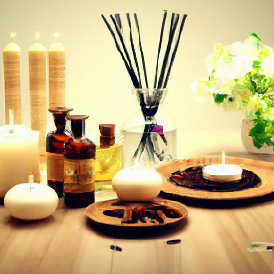 Create an image of a cozy living room filled with various home scents, featuring elegant candles, diffusers, and incense sticks. The space should evoke a sense of calm and relaxation with soft lightin