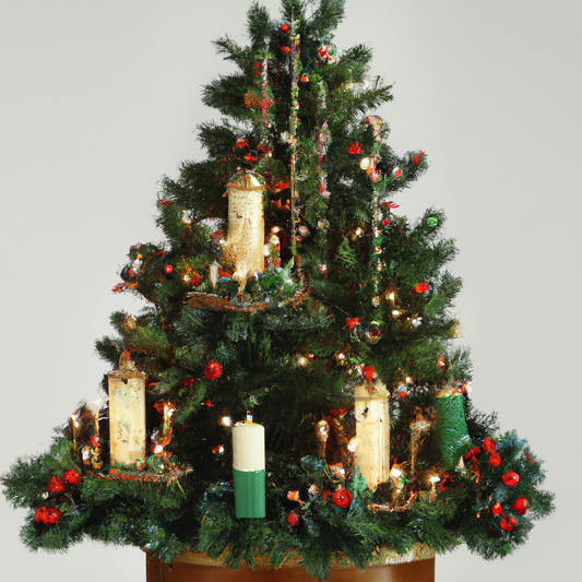 Create a cozy, festive scene featuring a beautifully decorated Christmas tree with elegant taper candles delicately placed on its branches. The tree is adorned with classic ornaments, twinkling lights