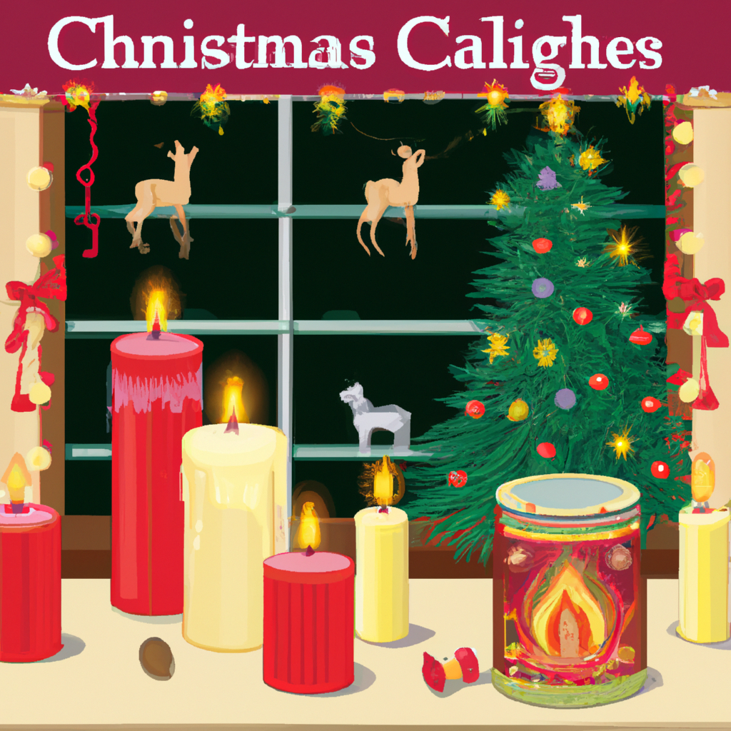 Create a cozy holiday scene featuring a variety of beautifully decorated Christmas candles. Include a warmly lit living room with a decorated Christmas tree, stockings hanging on the fireplace, and sn