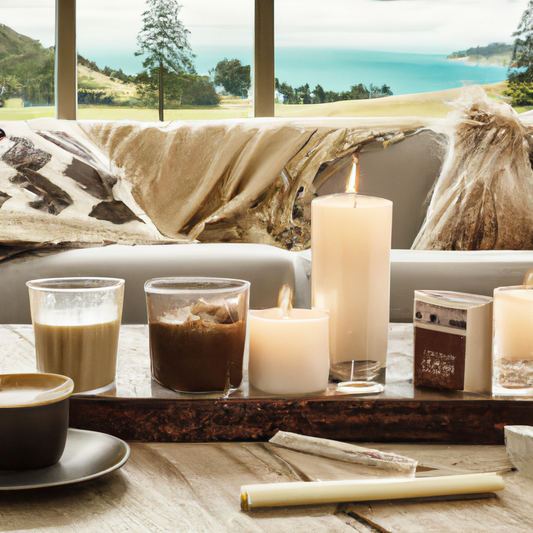 A cozy New Zealand living room with scenic views, featuring a variety of beautifully designed coffee-scented candles on a rustic wooden coffee table. The candles are in various shapes and sizes, emitt