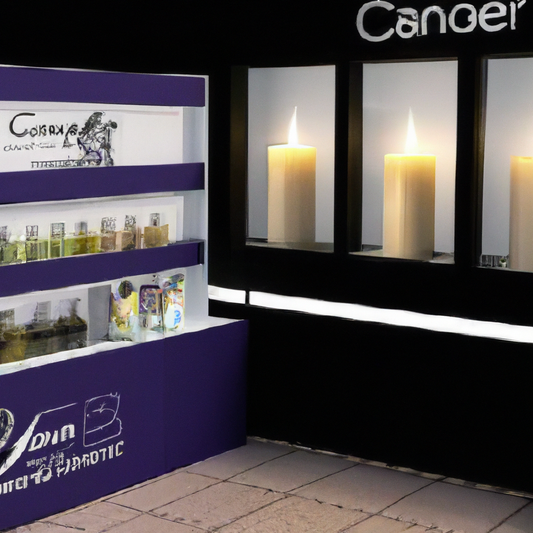 Create an image of a serene boutique candle store in New Zealand, featuring an elegant display of various candle fragrance oils. The scene should include beautifully labeled bottles of essential oils 