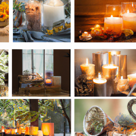 Create an image of an elegant living room setting with a variety of beautifully designed candles glowing warmly. Show candles for different occasions: a romantic dinner with rose-scented candles, a co